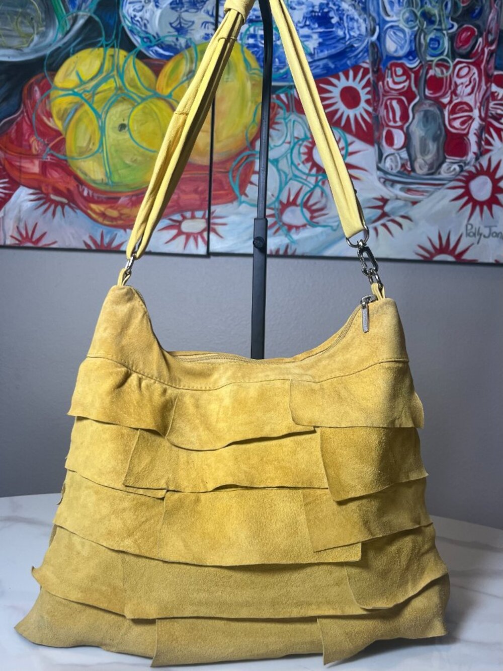 CO & EDDY Suede Layered Ruffle Mustard Yellow Hobo Boho Bag